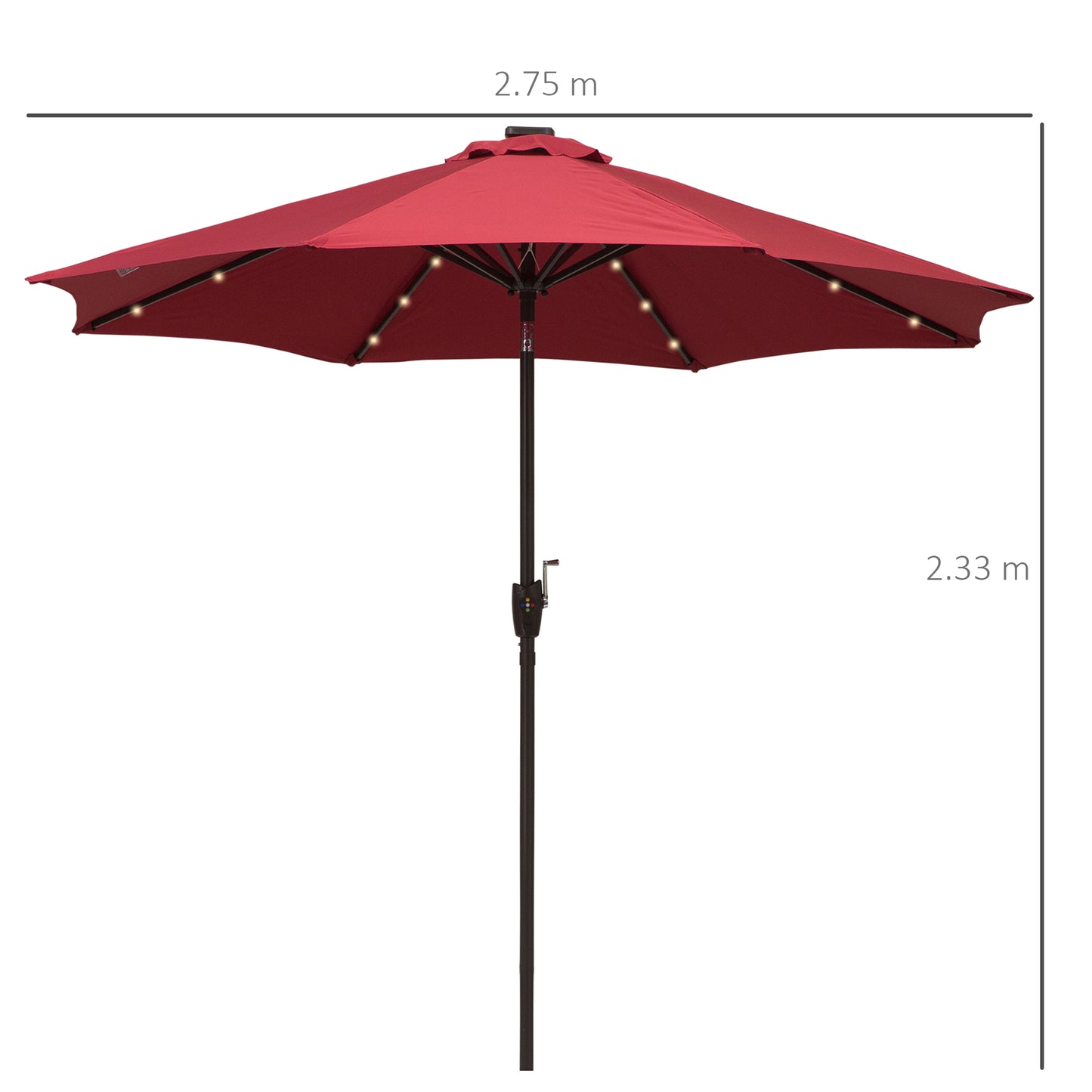 Φ2.7m Garden 24 LED Light Parasol Solar Outdoor Tilt Sun Umbrella Patio Club Party Event Manual Sun Shade w/ Hand Crank and 8