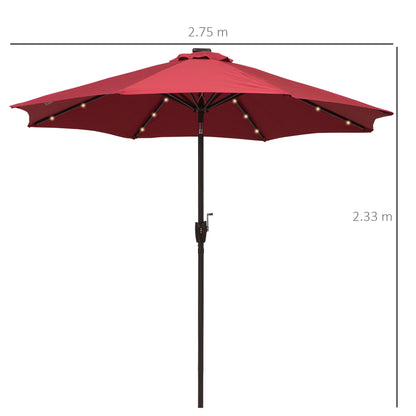 Φ2.7m Garden 24 LED Light Parasol Solar Outdoor Tilt Sun Umbrella Patio Club Party Event Manual Sun Shade w/ Hand Crank and 8