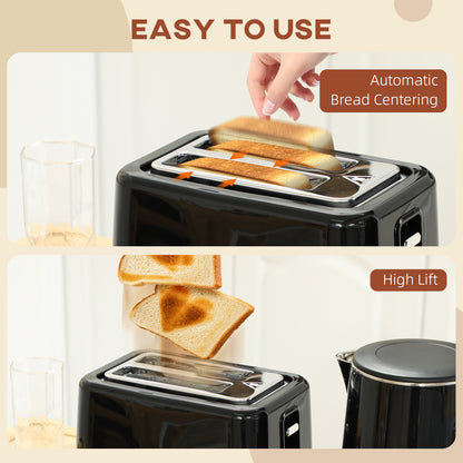 Polished Stainless Steel Kettle and Toaster Set - Black